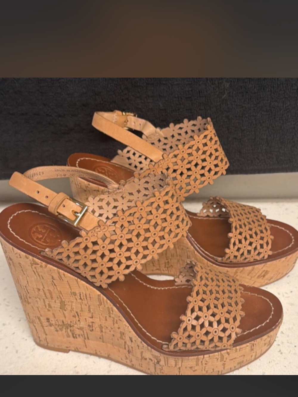 Tory Burch Tan Floral Laser-Cut Cork Wedge Sandals